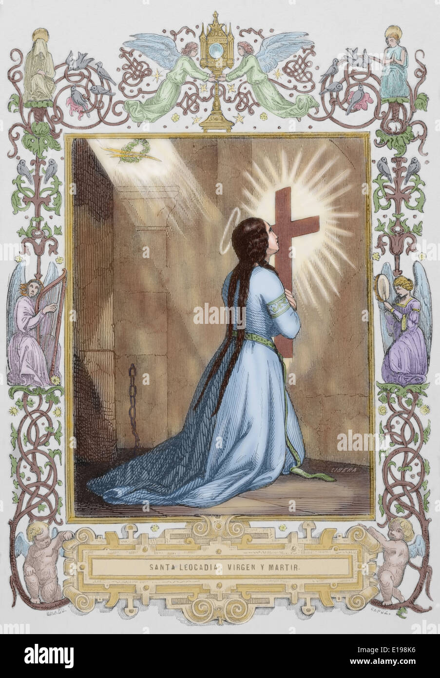 Sankt Leocadia. 3. und 4. Jahrhundert. Christliche Jungfrau und Märtyrerin Roman Hispania. Farbige Gravur. Stockfoto