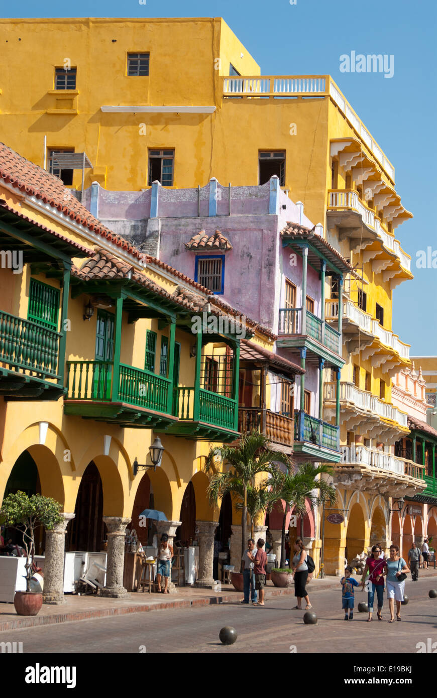 Häuser am Plaza de Los Coches, Cartagena de Indias, Kolumbien Stockfoto