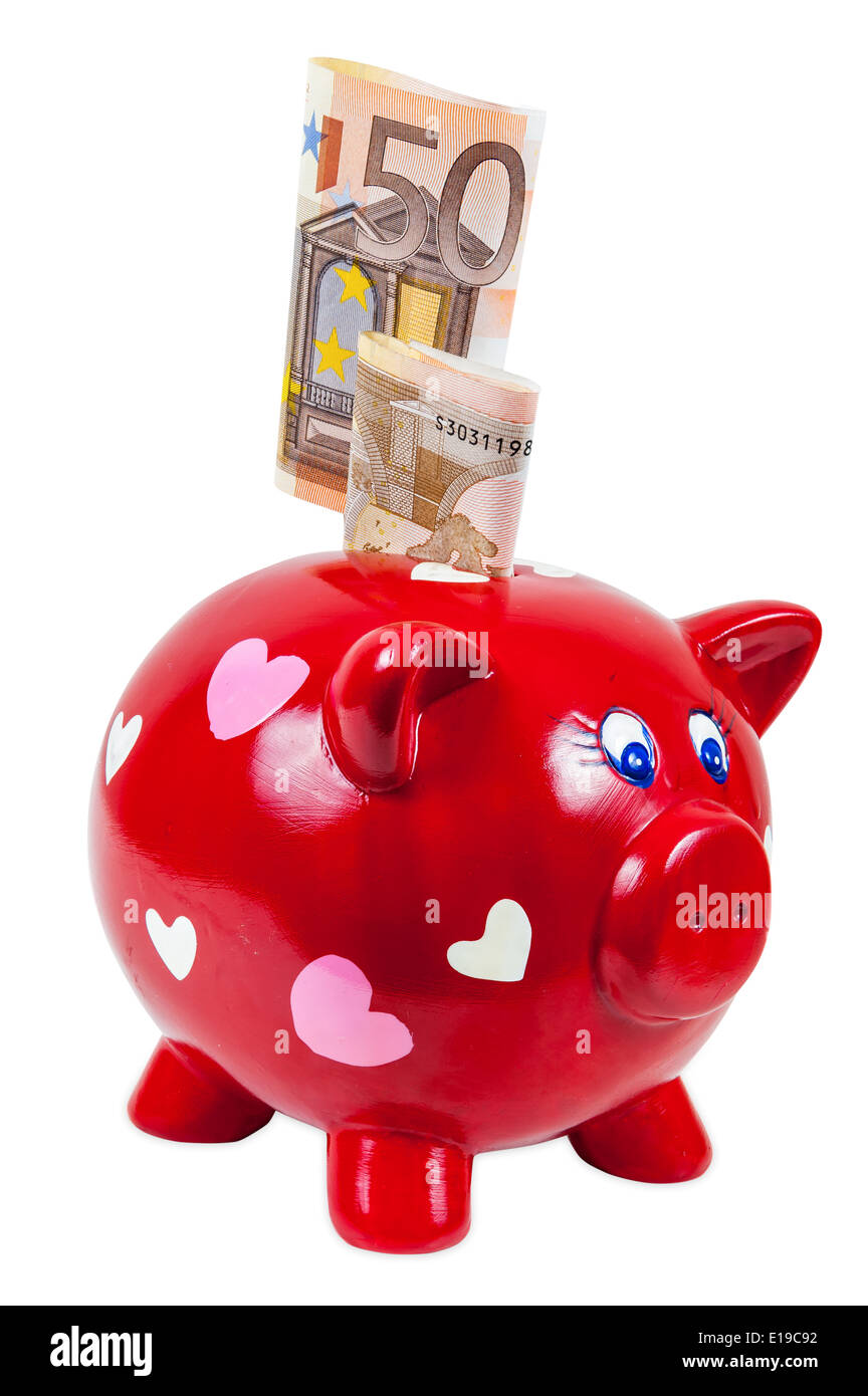 Sparschwein und 50 Euro-Banknoten isoliert auf weißem Hintergrund mit Beschneidungspfad Stockfoto