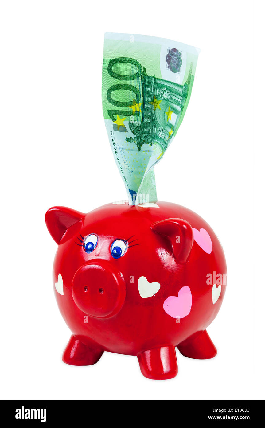 Sparschwein und 100 Euro Banknote isoliert auf weißem Hintergrund mit Beschneidungspfad Stockfoto