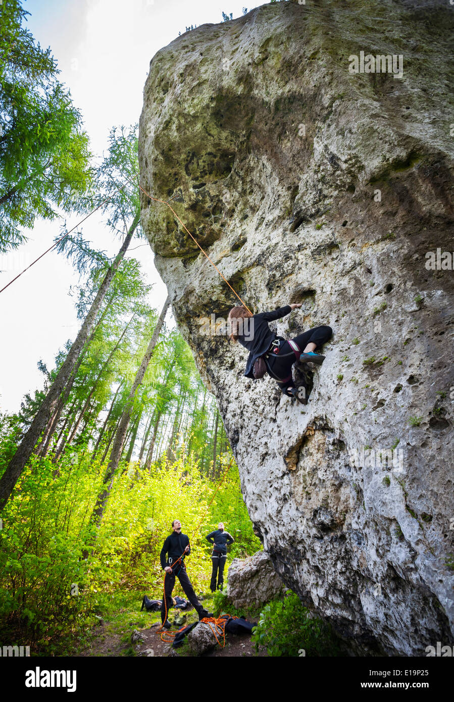 Junge Frau Klettern schwierigen Fels im Wald. Stockfoto