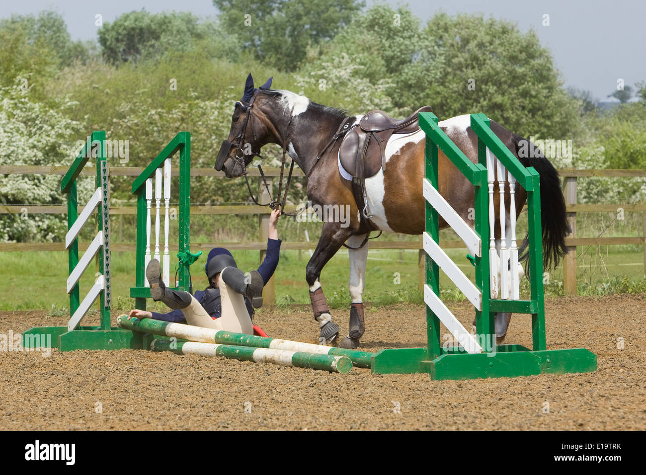 Teil einer Serie von Fotos, die einen Fahrer bei einem Springturnier von ihrem Pferd in einen Zaun geworfen Stockfoto