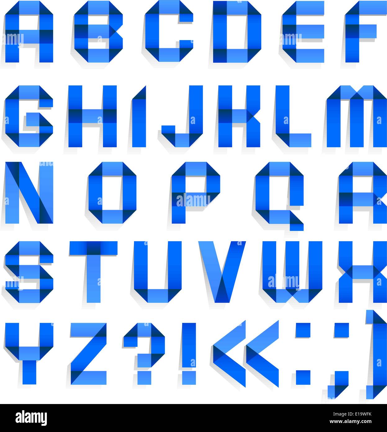 Alphabet von farbigem Papier - blaue Briefe gefaltet. (A, B, C, D, E, F, G, H, I, J, K, L, M, N, O, P, Q, R, S, T, U, V, W, X, Y, Z). Stock Vektor