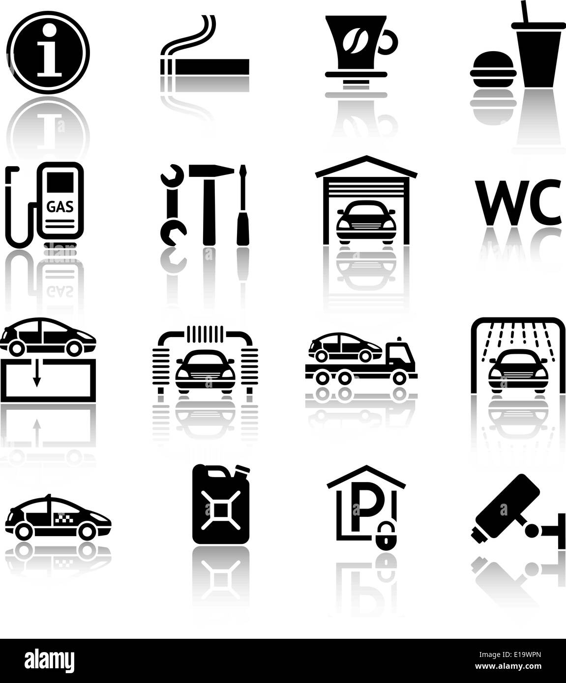 Autodienst set Piktogramme. Symbole am Straßenrand Dienstleistungen. Tankstelle-Symbole Stock Vektor