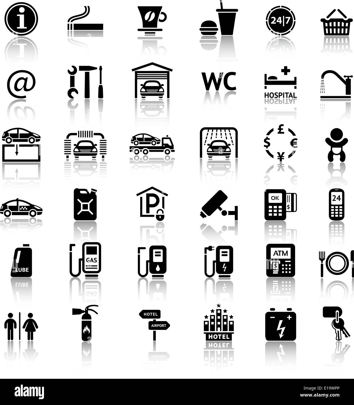Auto-Service und Reparatur 36 Icons. Vektor-Illustrationen, Silhouetten, die isoliert auf weißem Hintergrund Stock Vektor