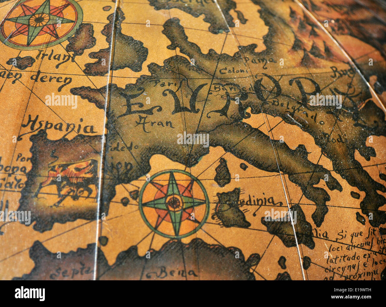 Alte Karte von Europa mit Windrose Stockfoto