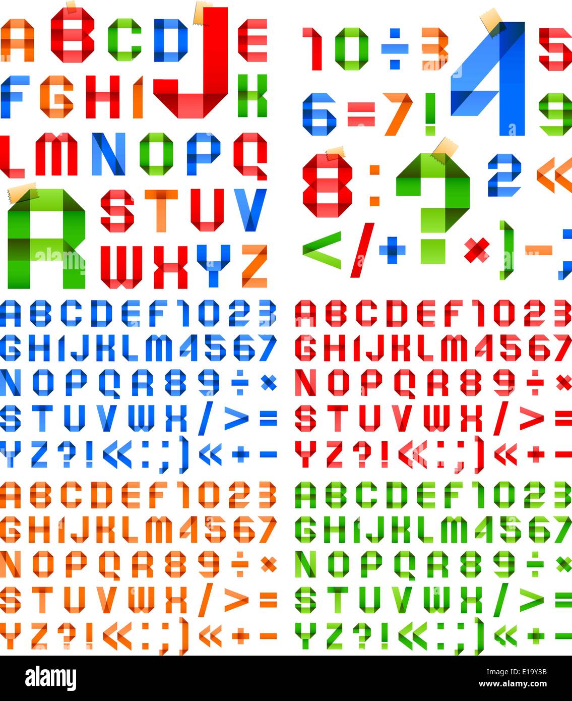 Schriftart aus farbigem Papier - arabischen Ziffern und lateinischen Alphabet gefaltet Stock Vektor