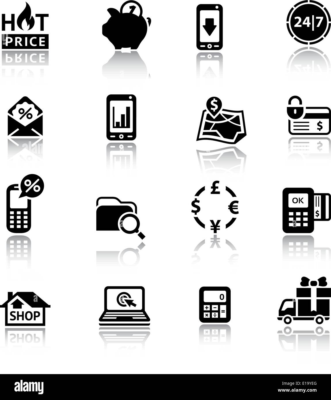 Shopping Icons. -Set Symbole schwarz mit Reflexion. Vektor-Web-Design-Elemente Stock Vektor