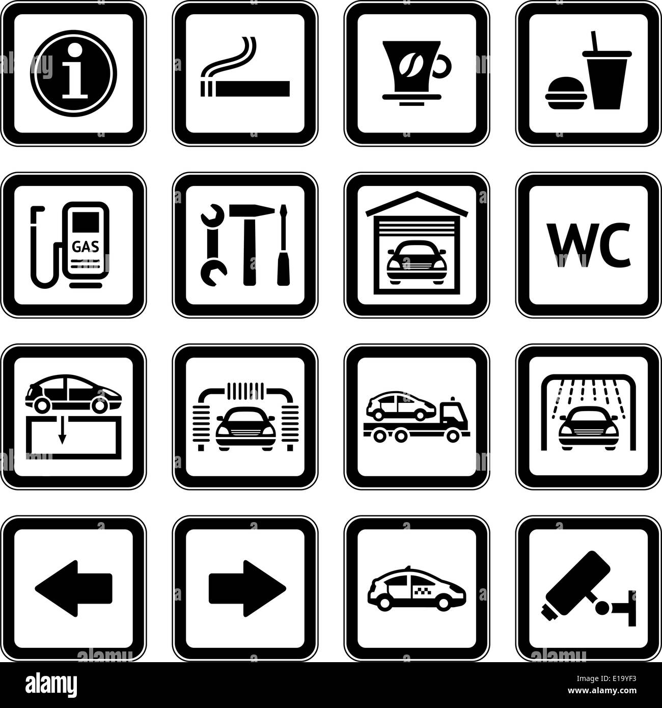 Satz Piktogramme. Autodienst. Tankstelle. Symbole am Straßenrand Dienstleistungen. Schwarz Stock Vektor