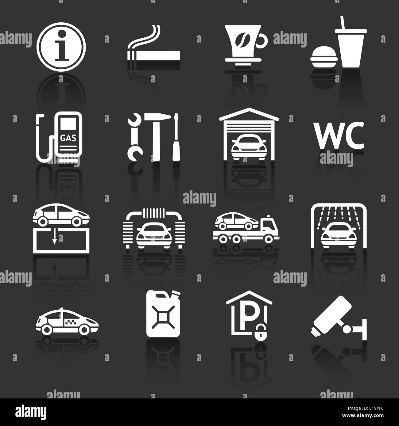 Satz Piktogramme. Autodienst. Tankstelle. Symbole am Straßenrand Dienstleistungen. Dunkelgrauen Hintergrund Stock Vektor