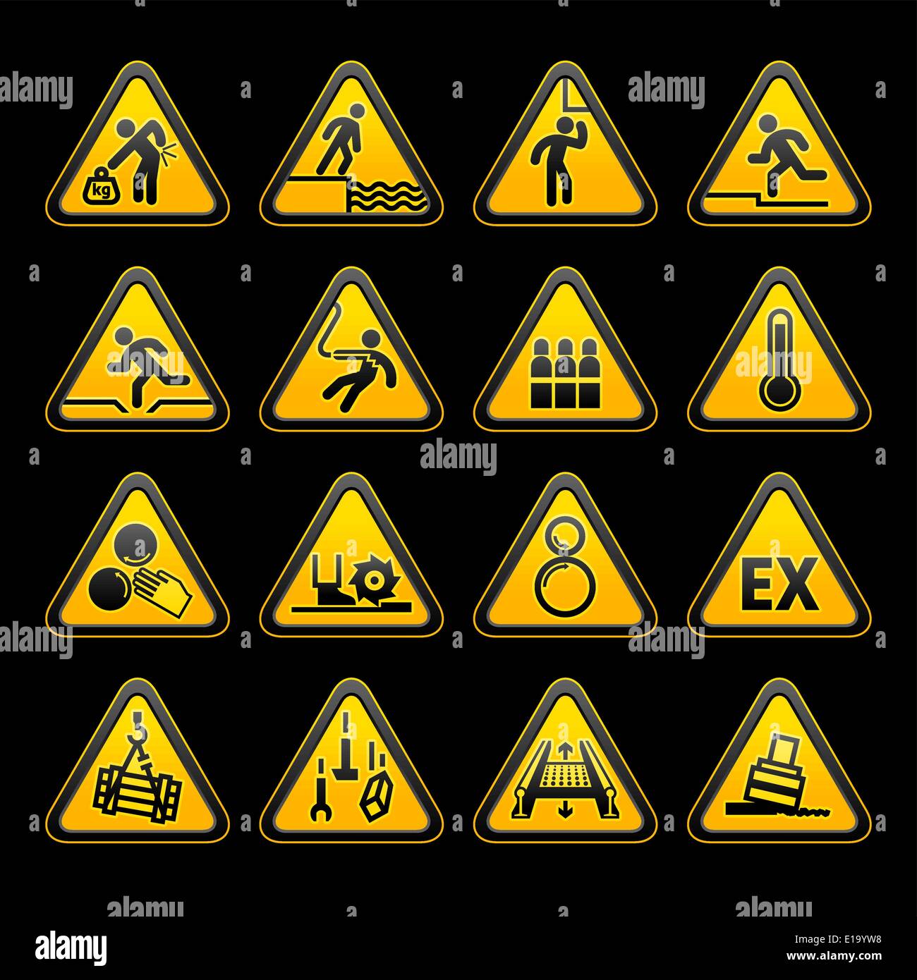 Legen Sie dreieckige Warnung Sumbols Warnschilder. Vektor Stock Vektor