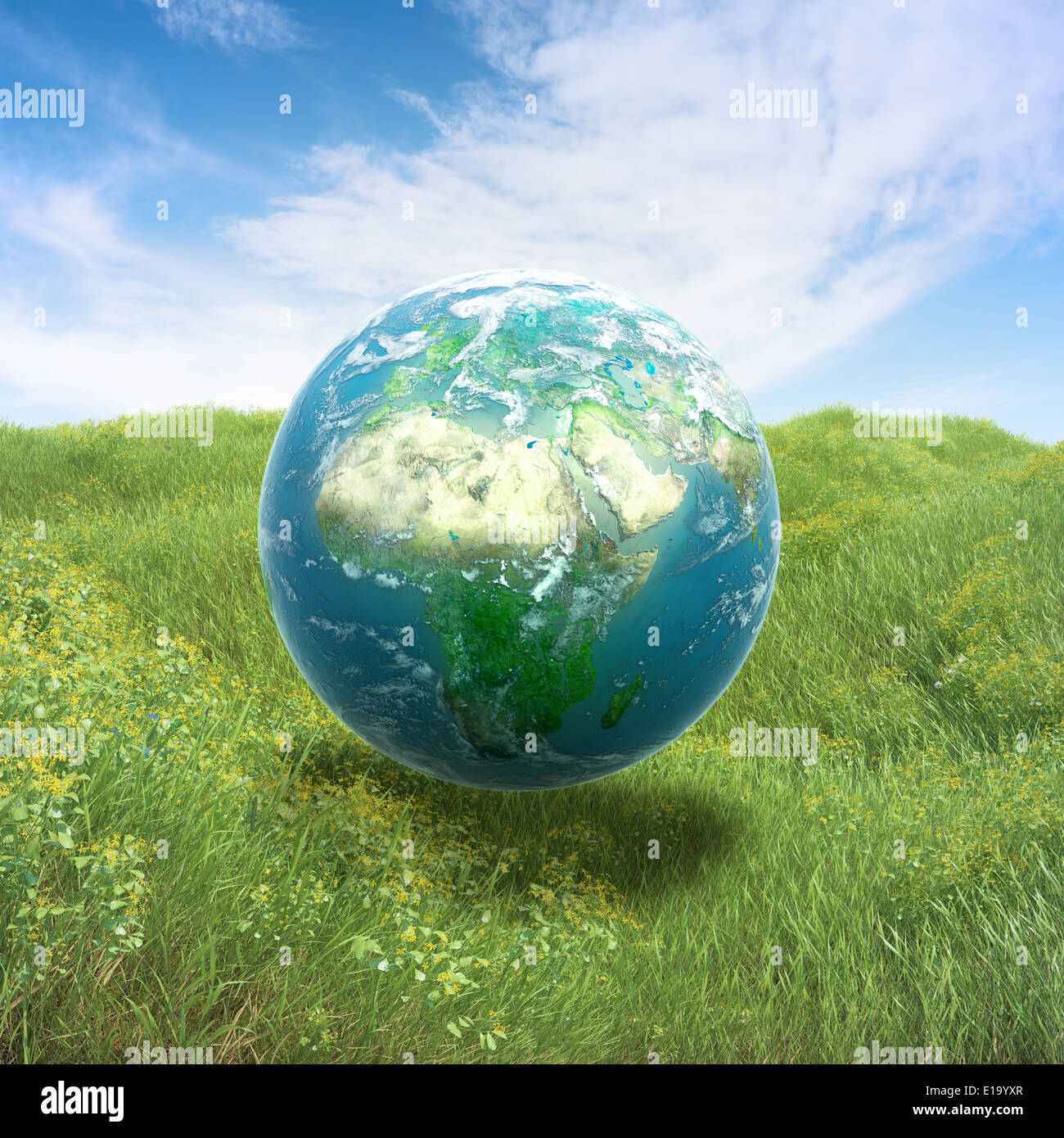 Realistische Erde in einem grünen Feld Gras Stockfoto