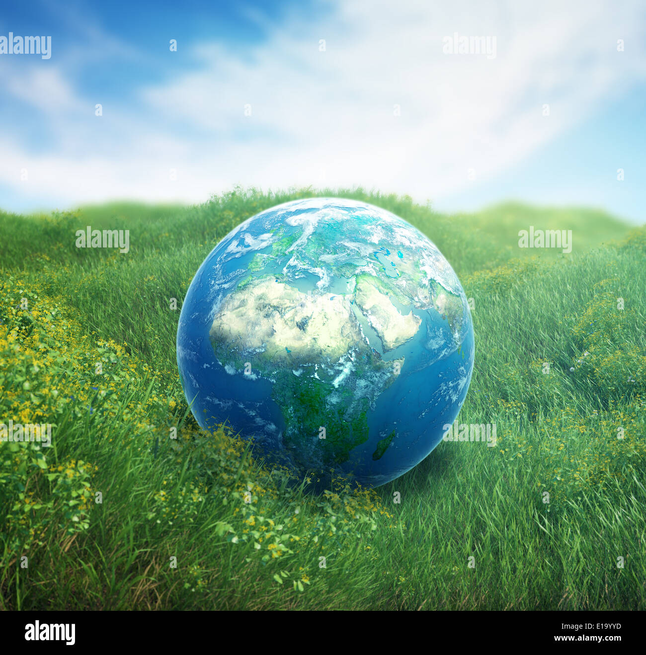 Realistische Erde in einem grünen Feld Gras Stockfoto