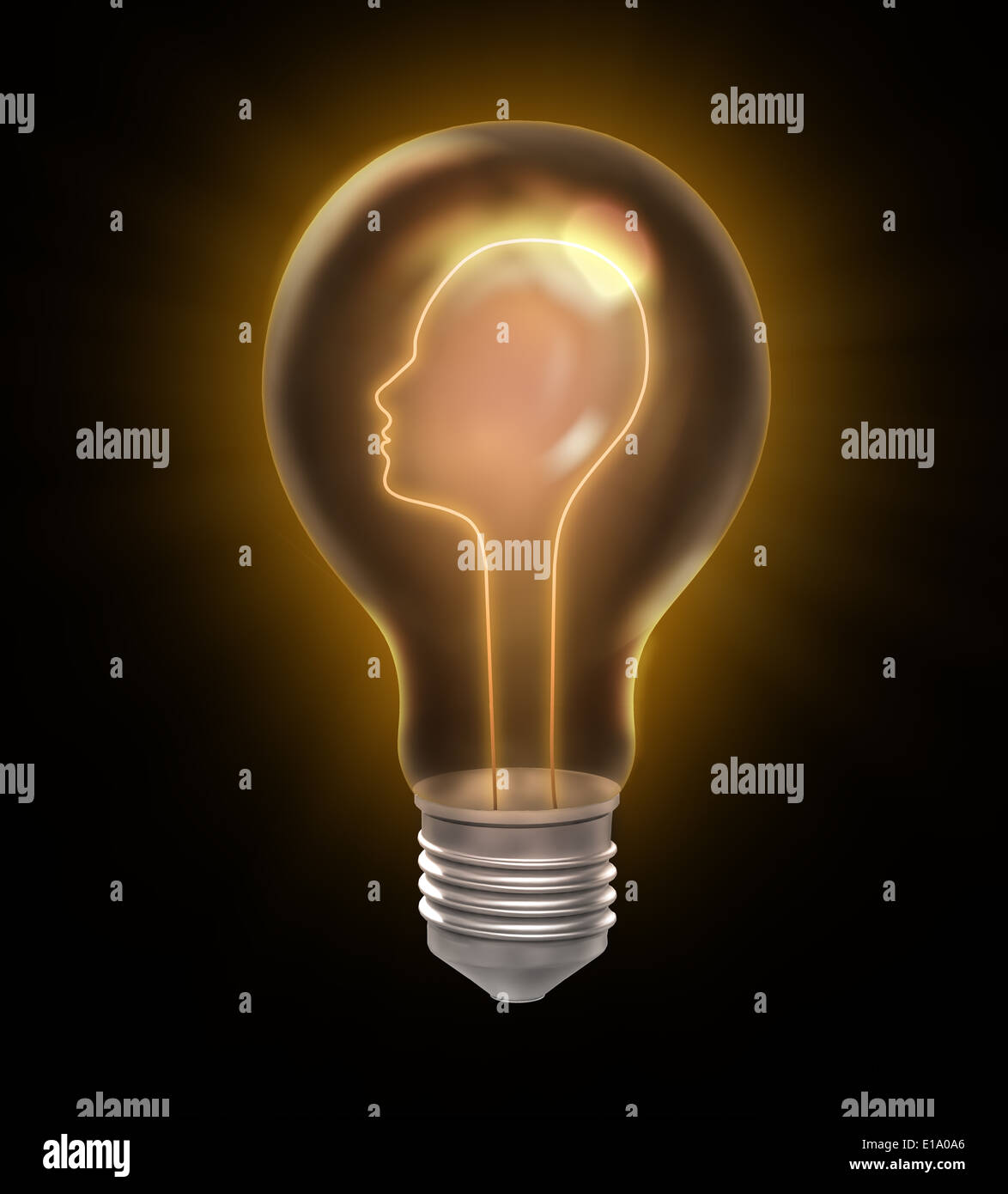 Brainstorming und Intelligenz Konzept - menschlichen Kopf Lampe filament Stockfoto