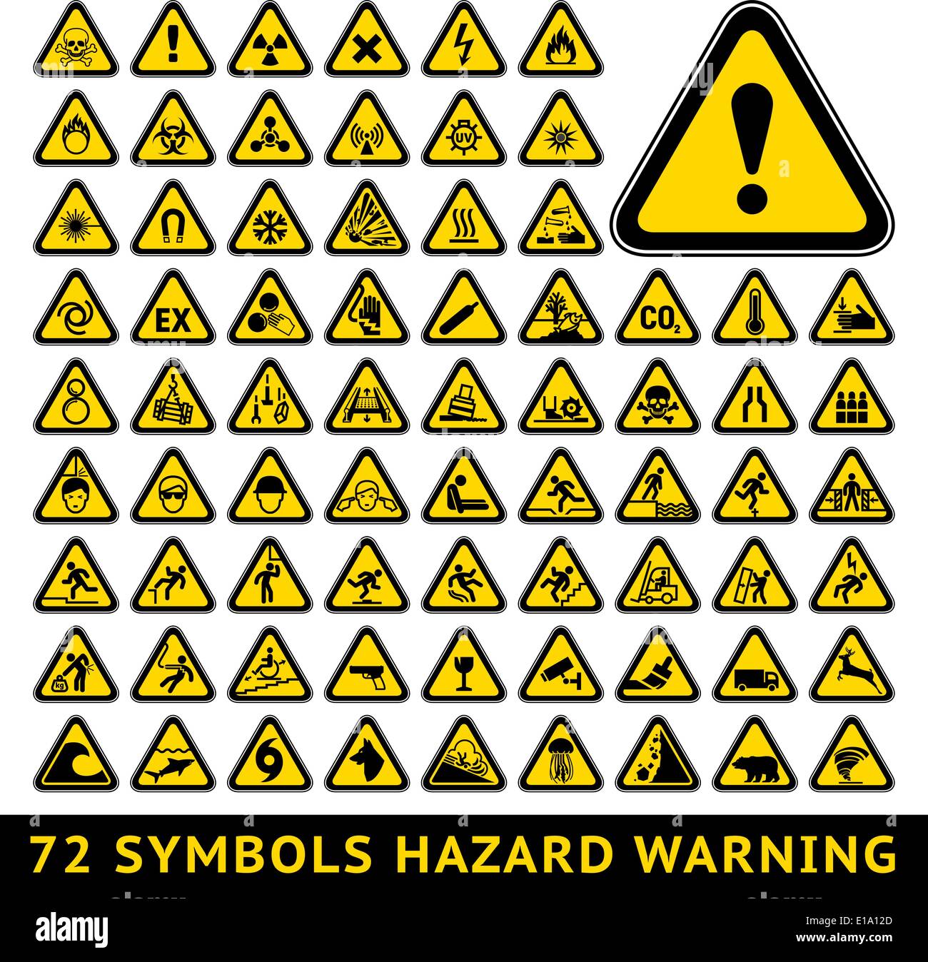 72 Symbole dreieckigen Achtung Gefahr. Große gelbe set Stock Vektor