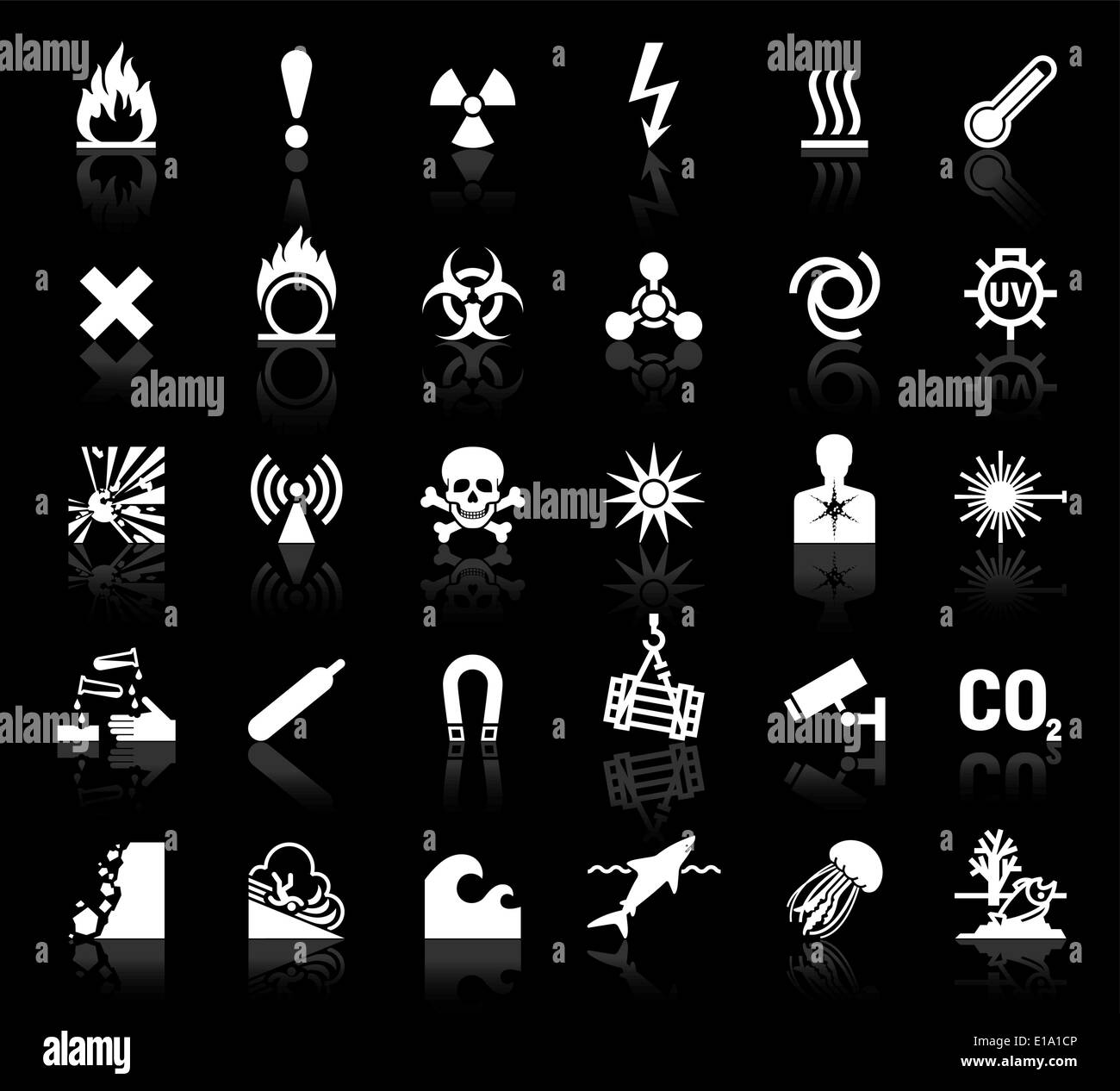weiße Symbole Gefahr Symbole auf schwarzem Hintergrund Stock Vektor