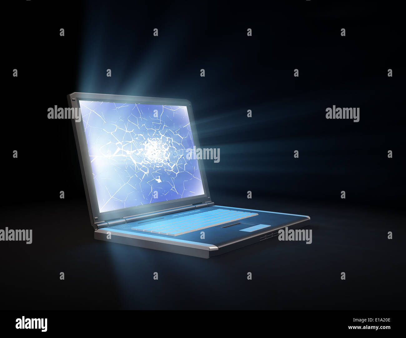 Licht, das durch einen defekten Bildschirm eines Laptops Stockfoto