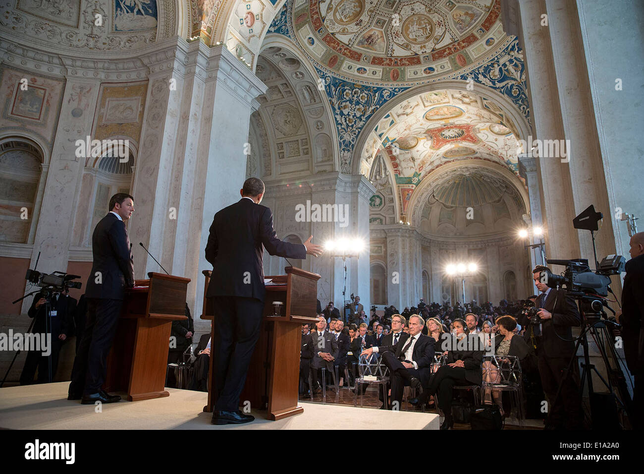 US-Präsident Barack Obama und der italienische Ministerpräsident Matteo Renzi während einer Pressekonferenz im Villa Madama 7. März 2014 in Rom, Italien. Stockfoto