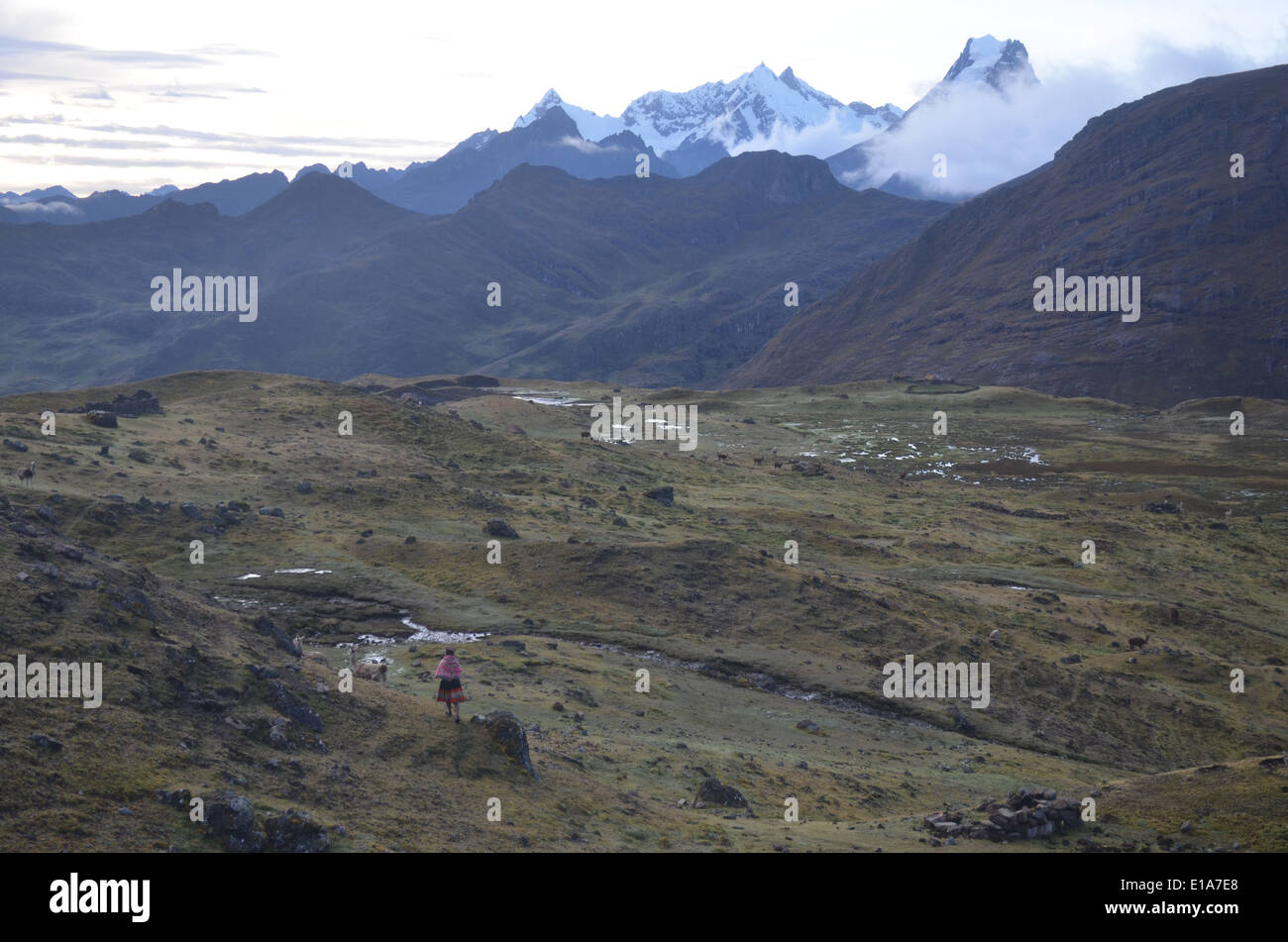 Ein Blick auf das Tal von Huacahuasi von Ipsacocha auf den Lares Trek in den Anden in der Nähe von Cusco, Peru Stockfoto