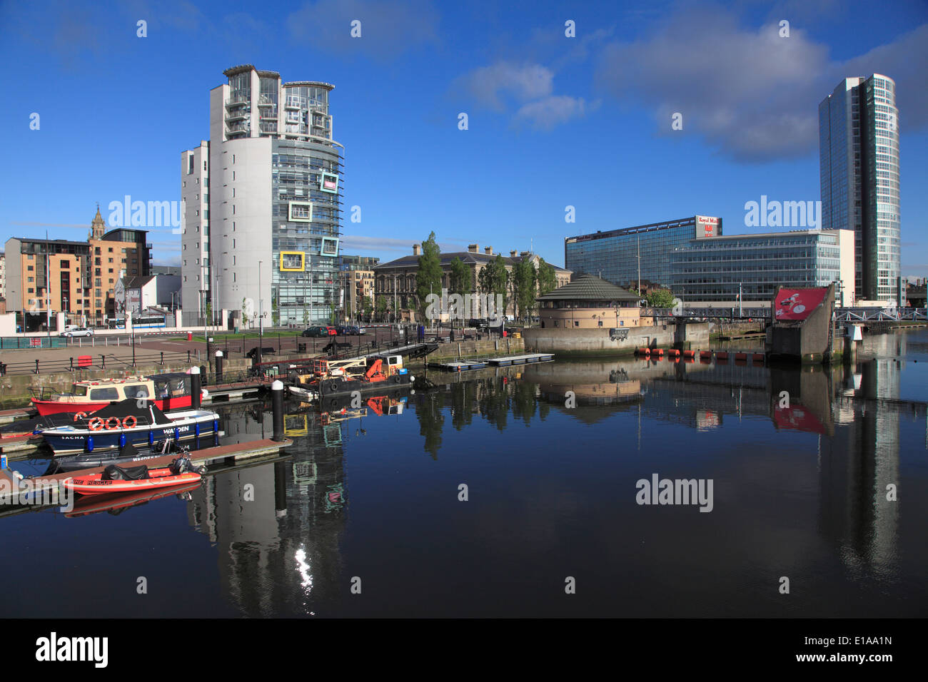 Großbritannien, Nordirland, Belfast, Laganside, Lagan Weir, Skyline, Stockfoto