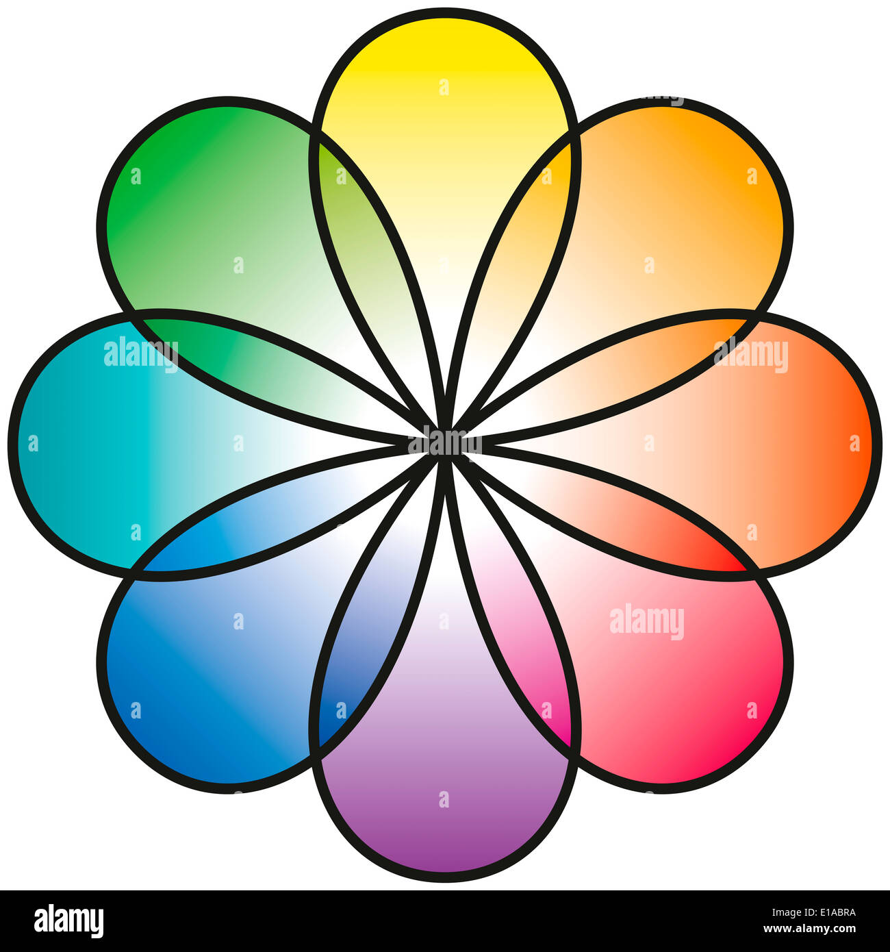 Regenbogenblume mit acht Blütenblättern in Regenbogenfarben. Stockfoto