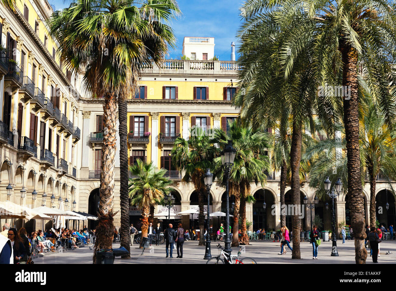 Palmen und Sidwewalk Cafés, Plaza Royal, Barcelona, Katalonien, Spanien Stockfoto