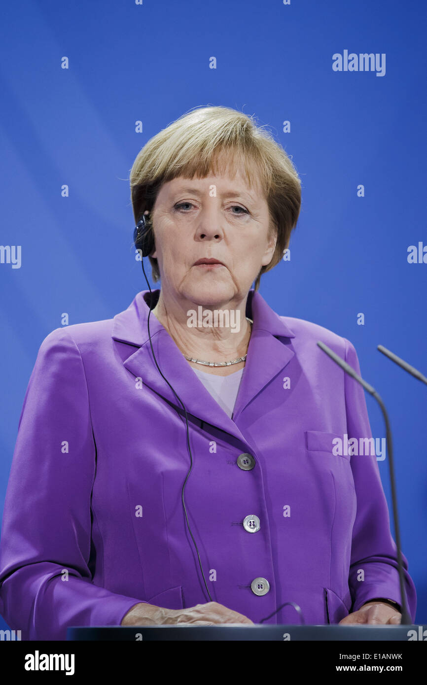 Berlin, Deutschland. 28. Mai 2014. Bundeskanzlerin Merkel begrüßt Irakli Garibashvili, Premierminister von Georgia, Iurie Leanca, Premierminister der Republik Moldau und Arseni Petrowych Jazenjuk, Premierminister der Ukraine, in der deutschen Kanzlei am 28. Mai 2014 in Berlin, Deutschland. / Bild: Bundeskanzlerin Angela Merkel. Bildnachweis: Reynaldo Paganelli/NurPhoto/ZUMAPRESS.com/Alamy Live-Nachrichten Stockfoto