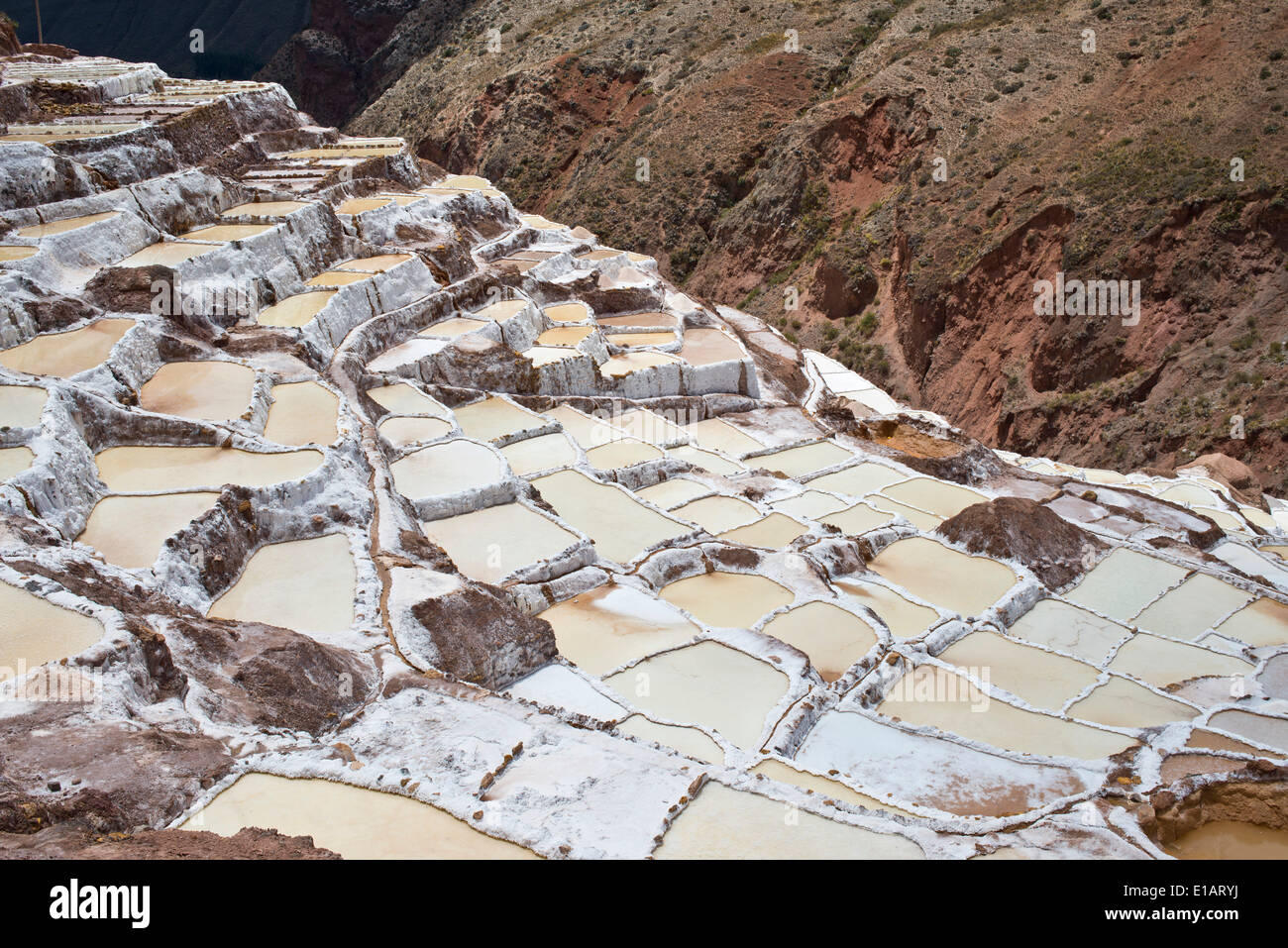 Salinen an einem Berghang Salinen Salinas de Maras, erstellt von den Inkas und noch in Betrieb, Pichingote, Region Cusco Stockfoto