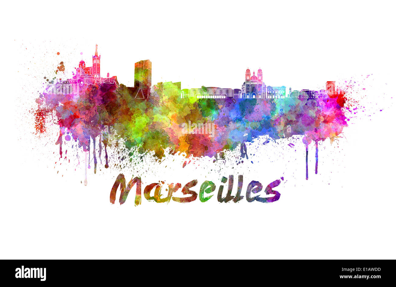 Skyline von Marseille in Aquarell Spritzer Stockfoto