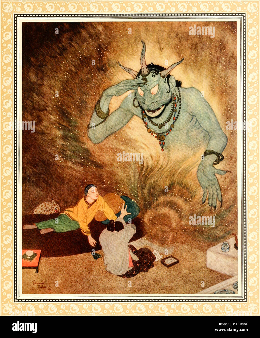 Geist der Lampe. Edmund Dulac (1882-1953) Illustration aus "Sinbad der Seemann & andere Geschichten aus Tausendundeinernacht". Stockfoto