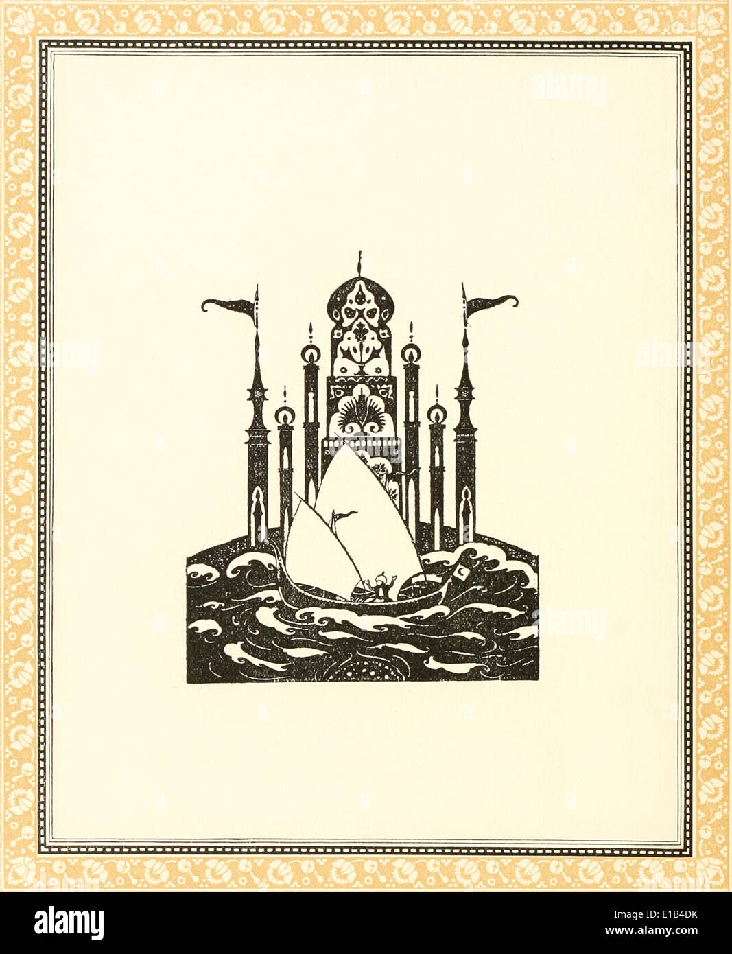 Ende Seite. Edmund Dulac (1882-1953) Illustration aus "Sinbad der Seemann & andere Geschichten aus Tausendundeinernacht". Stockfoto