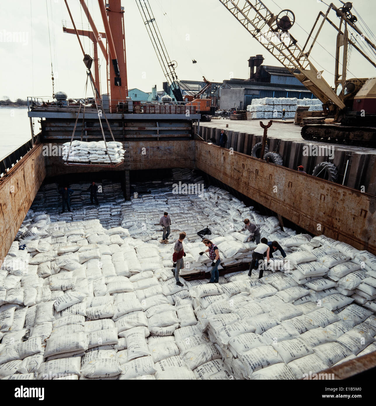 Entladung Dünger Säcke aus Schiffsluke Stockfoto