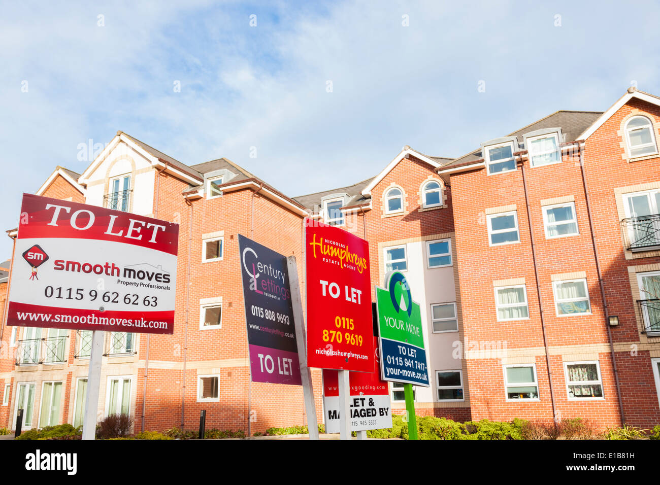 Vermietung agent Boards und Zeichen zeigen, Apartments, Wohnungen und Gehäuse Eigenschaften zu lassen, Nottinghamshire, England, Großbritannien Stockfoto