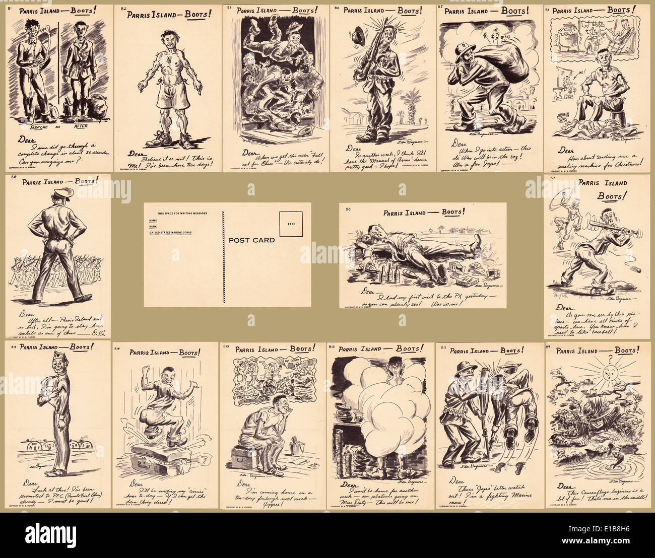 Sammlung von Postkarten, Marine Rekruten Bootcamp auf Parris Island während des zweiten Weltkriegs zu tun gegeben Stockfoto