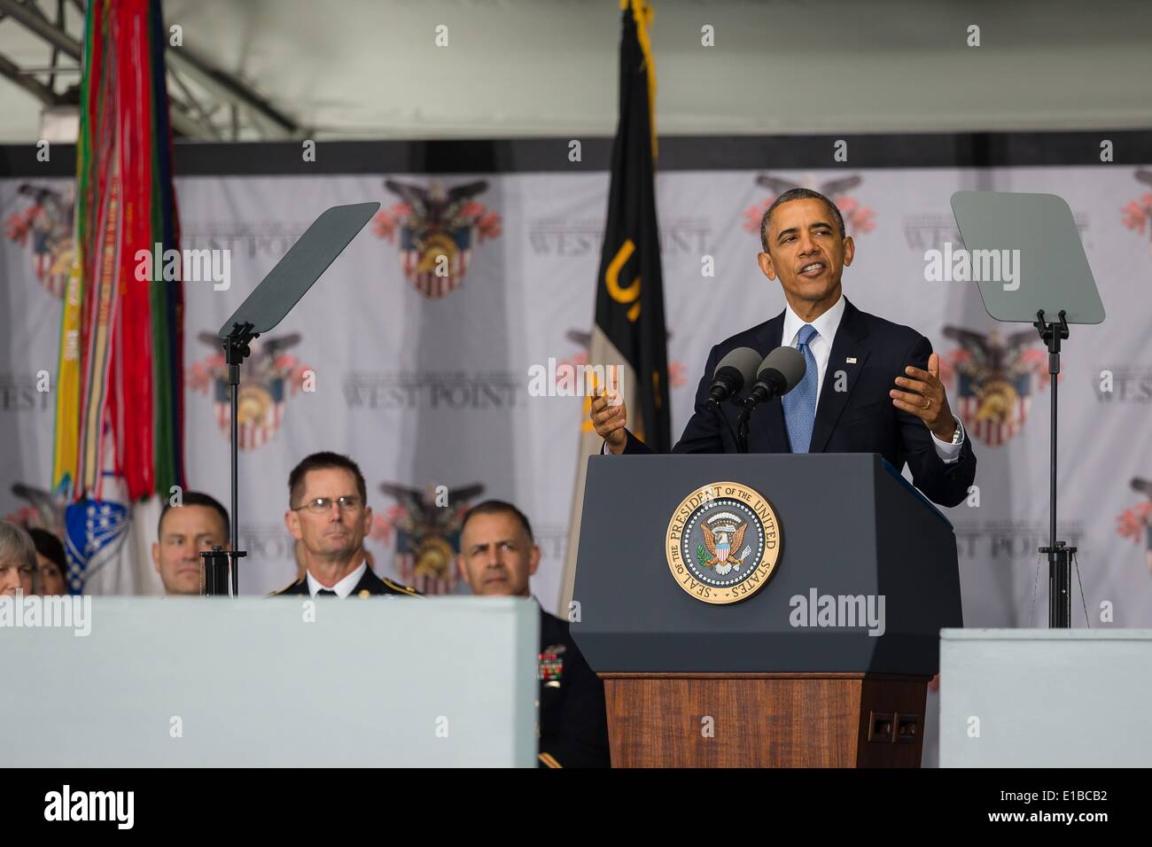 US Präsident Barack Obama gibt die Eröffnungsrede bei Abschlussfeiern an der US Military Academy 28. Mai 2014 in West Point, New York. Stockfoto