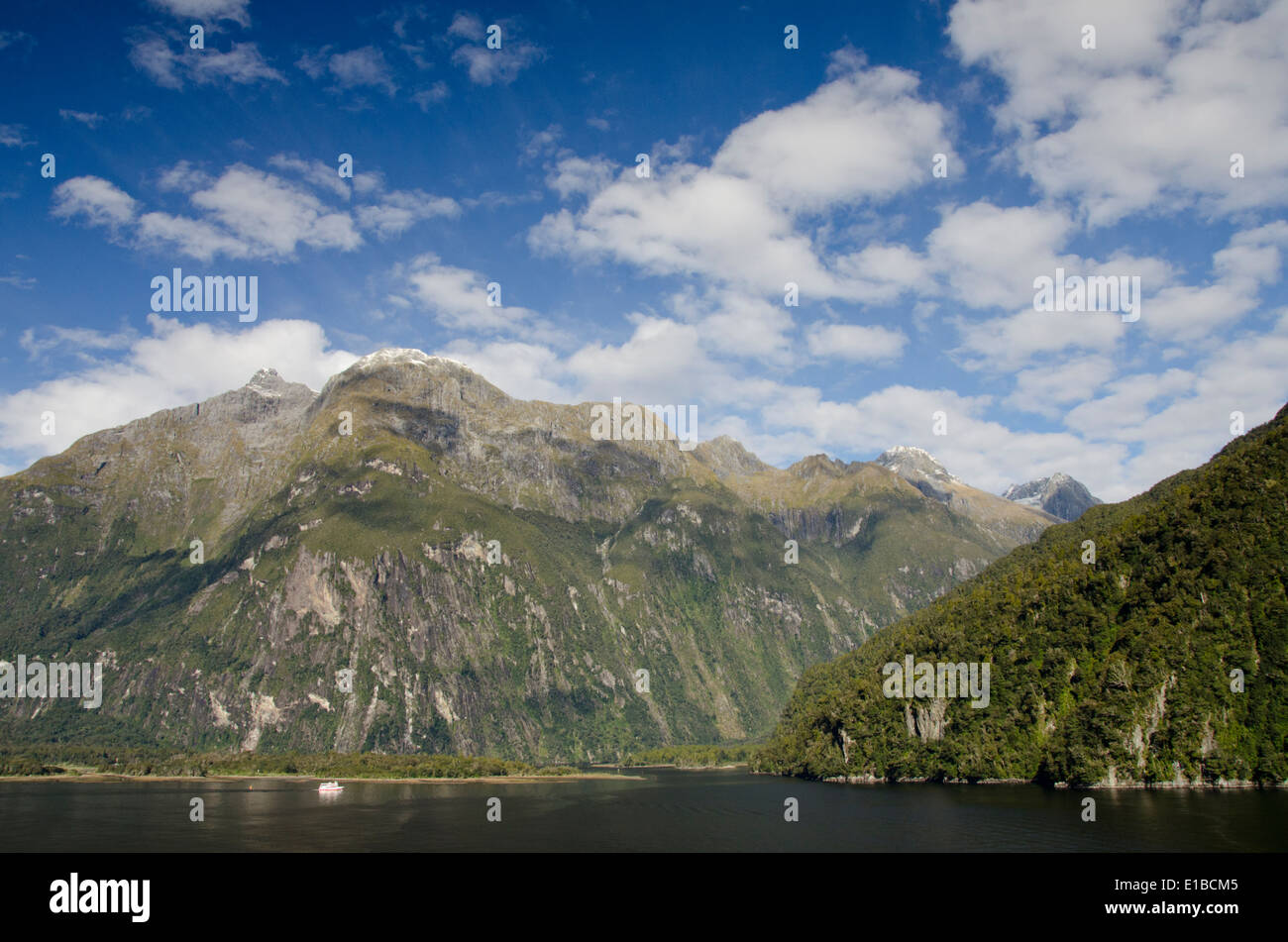 Neuseeland, Südinsel, Fiordland-Nationalpark, Milford Sound aka Piopiotahi. Sightseeing-Boot Kreuzfahrt malerische Fjord. Stockfoto
