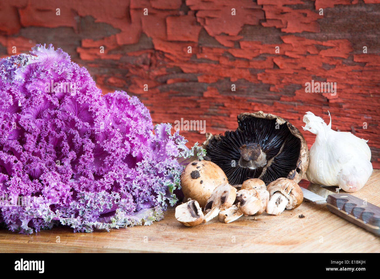 Lila lockiges Blatt Grünkohl, Agaricus Champignons und Knoblauch in einer rustikalen Küche auf einem Bambus Schneidebrett mit einem Messer, die darauf warten Stockfoto