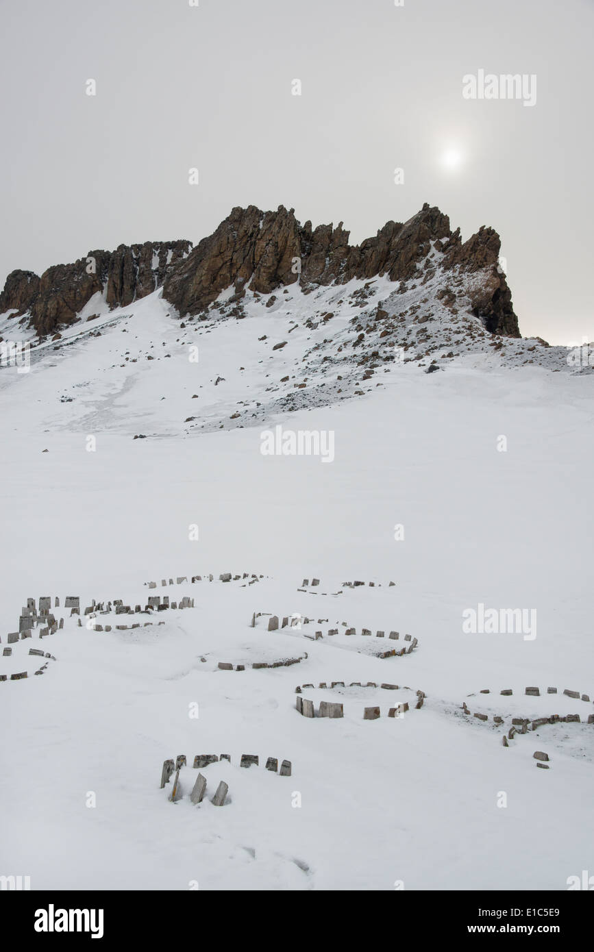 Die Holzlatten Wasserfässer aus dem Schnee in die ehemalige Walfangstation klebt. Stockfoto