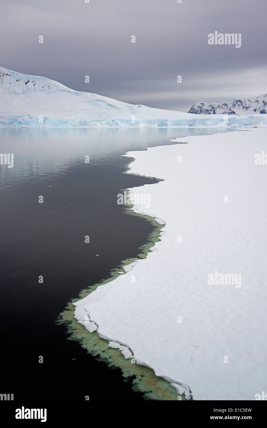 Ansicht von oben, von schmelzendem Eis im Meer vor der Küste der Inseln in der Antarktis. Stockfoto