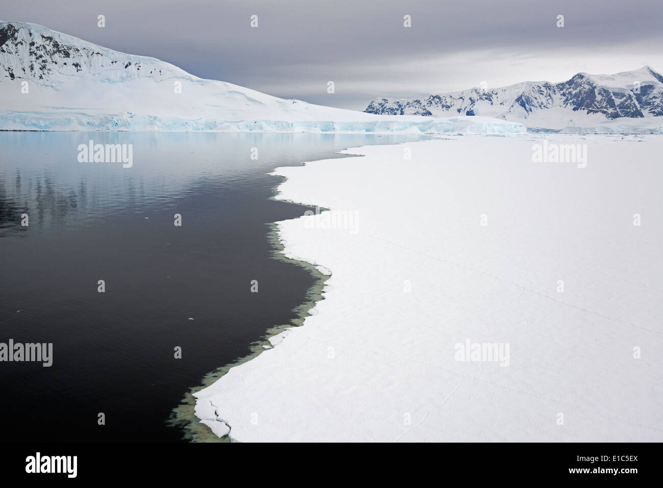 Ansicht von oben, von schmelzendem Eis im Meer vor der Küste der Inseln in der Antarktis. Stockfoto
