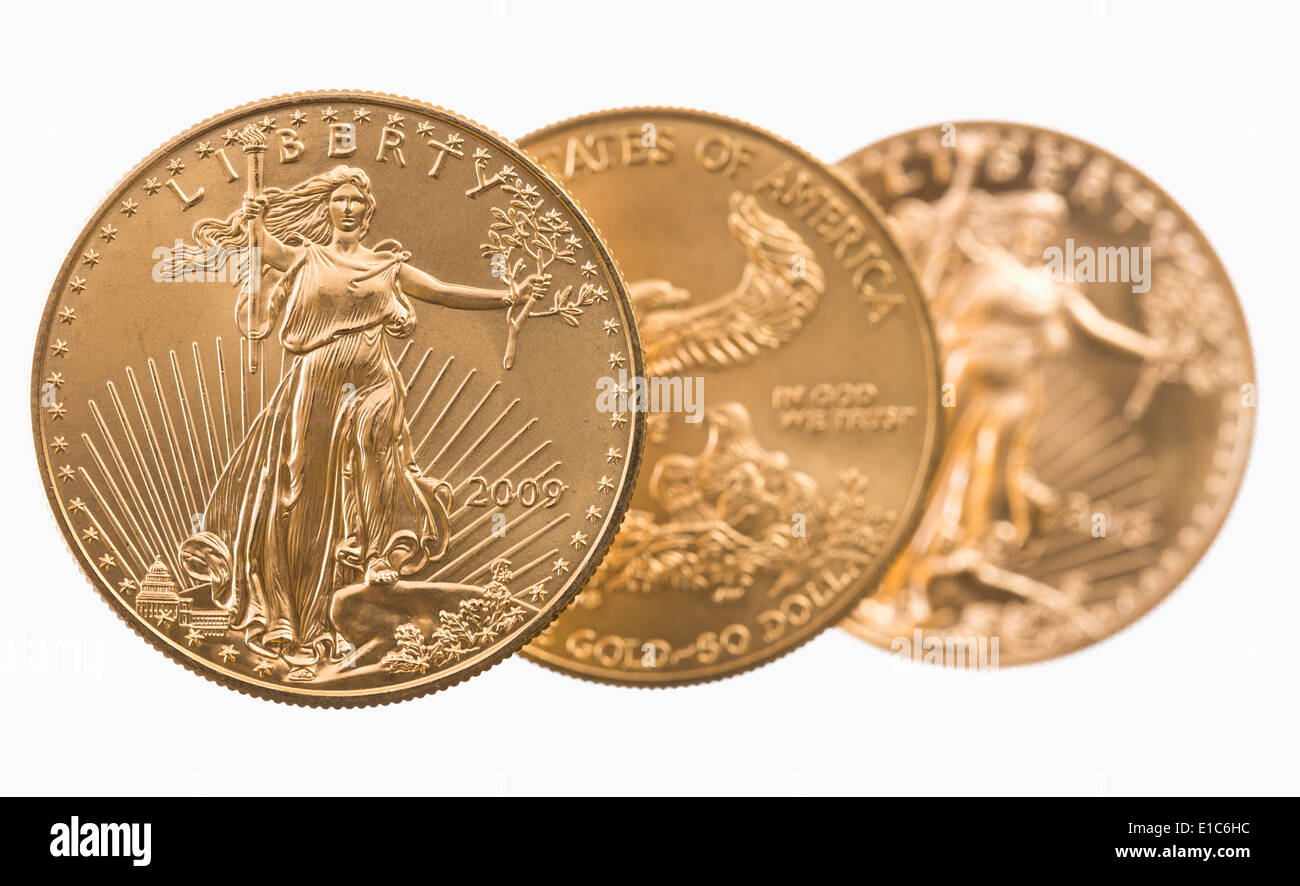 Drei Gold Eagle eine Feinunze Gold-Münzen vom US-Finanzministerium Mint, USA Stockfoto