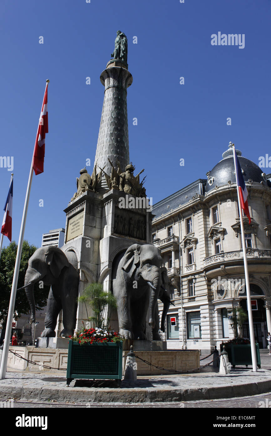 Brunnen der Elefanten, Les quatre sans Cul, Chambery, Savoie, Savoyen, Auvergne Rhône-Alpes, Frankreich. Stockfoto