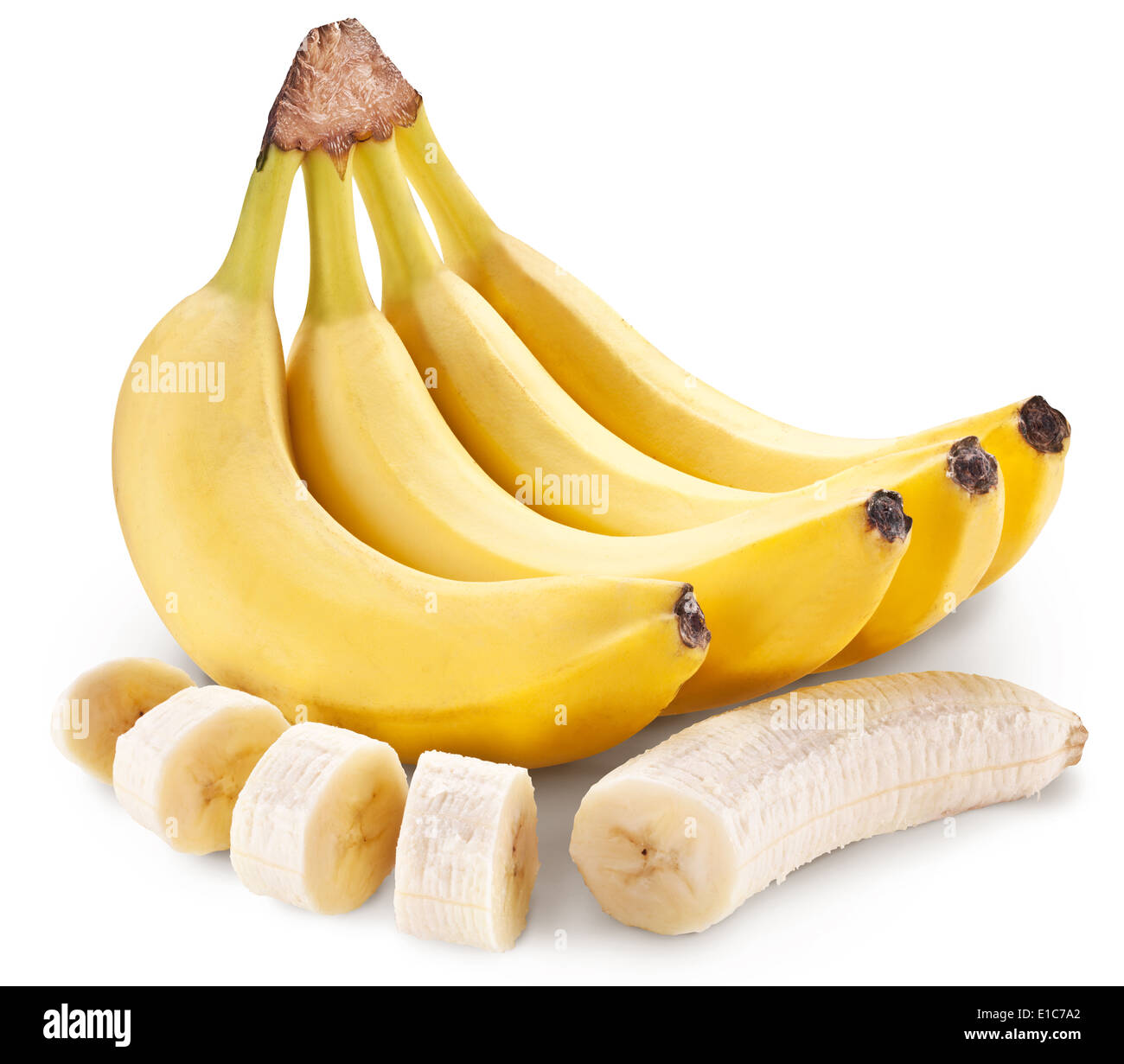 Banane Frucht mit Bananenstücke. Datei enthält Beschneidungspfade. Stockfoto