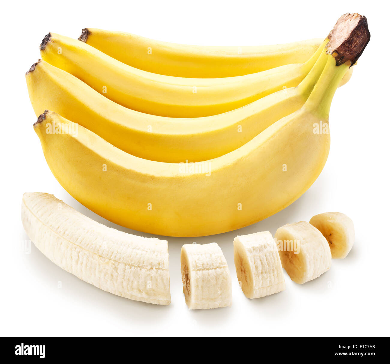 Banane Frucht mit Bananenstücke. Datei enthält Beschneidungspfade. Stockfoto