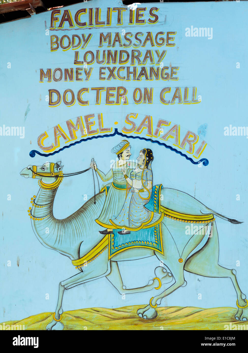 Schlecht geschriebene englische Sprache Gast Hauszeichen Einrichtungen, Jodhpur, Rajasthan, Indien Stockfoto