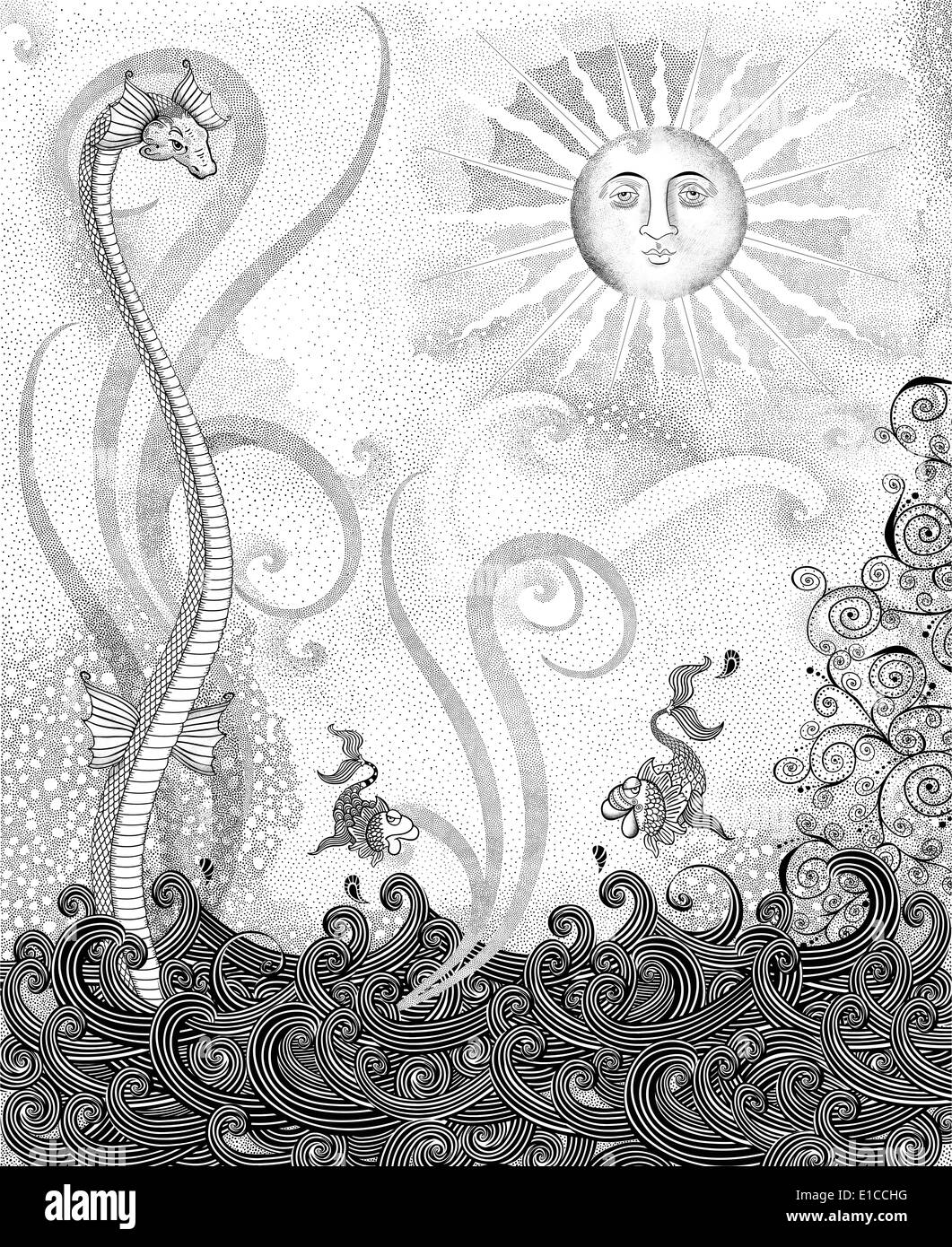 Fantasie-Tusche-Zeichnung von Meerestieren und ein Sonnengesicht Stockfoto