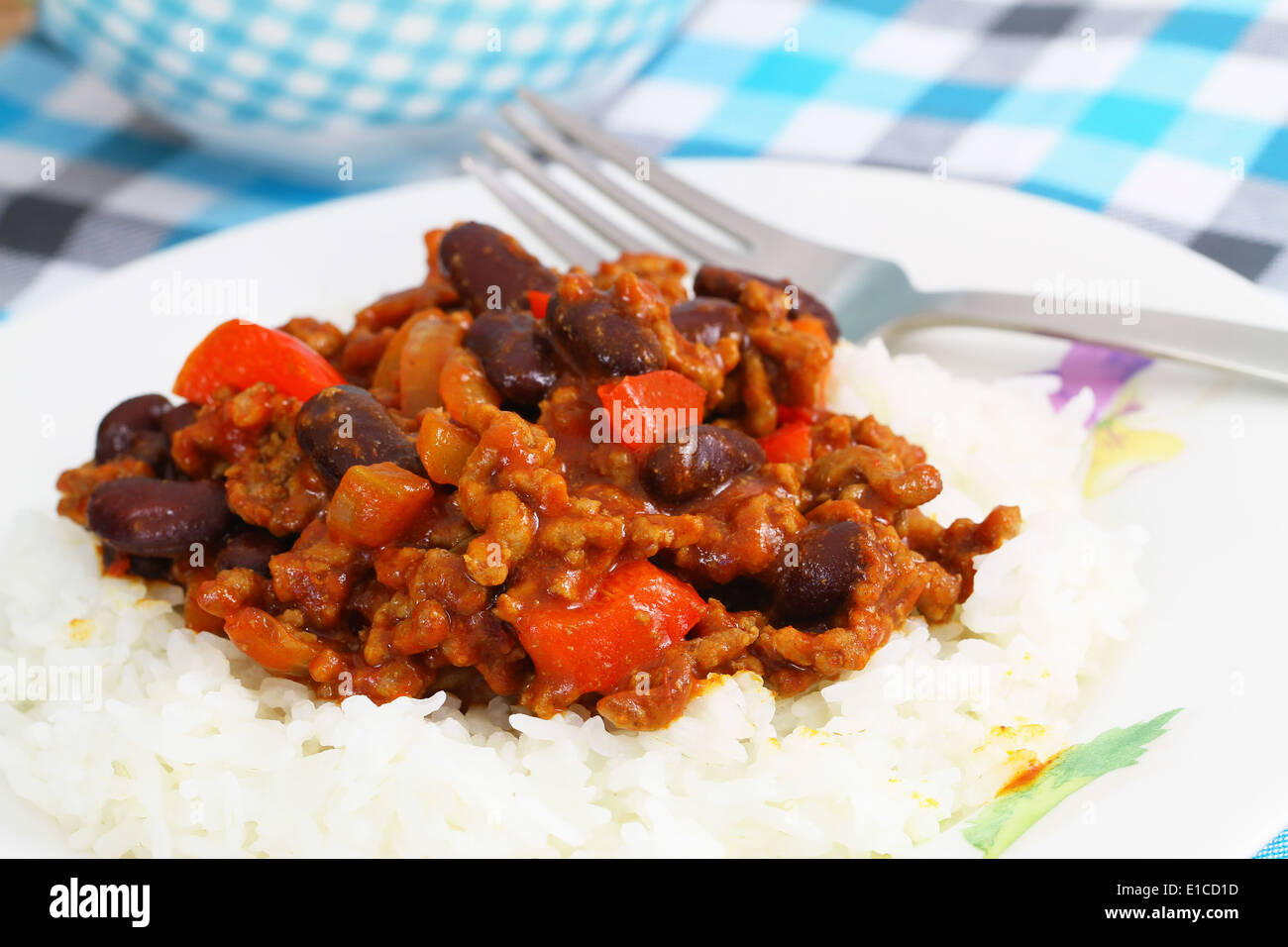 Chili Con Carne mit Reis, Nahaufnahme Stockfoto