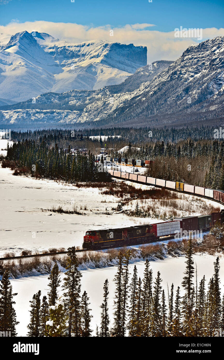 Ein Canadian National Güterzug unterwegs durch den Schnee - felsigen Berge von Alberta, Kanada Stockfoto