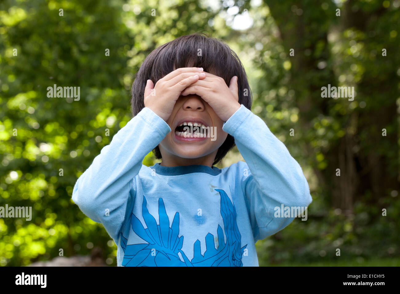 Junge, 5 Jahre, mit Händen über Gesicht Weinen Stockfoto