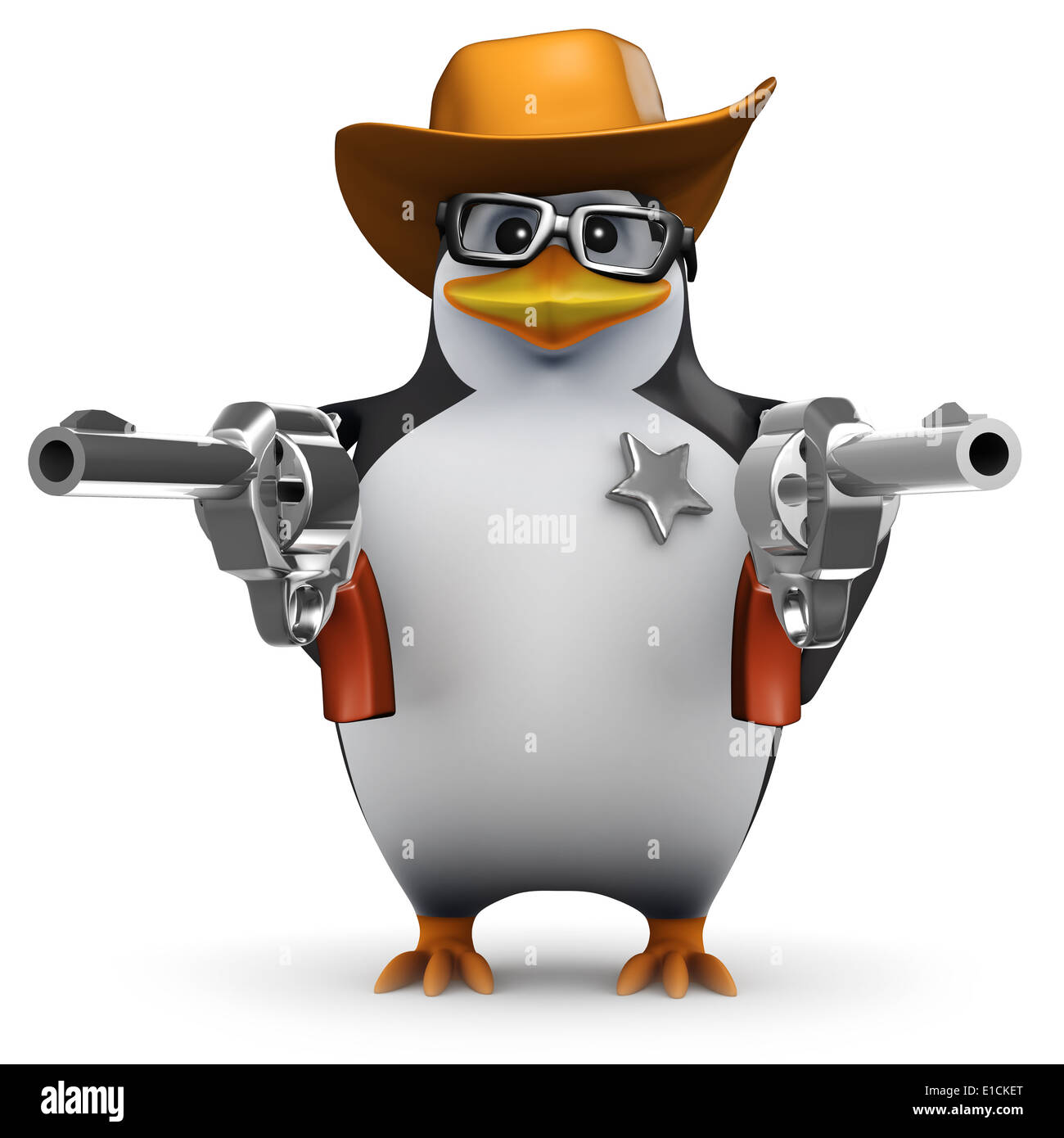 3D Cowboy Pinguin zeigt seine beiden Pistolen auf Sie Stockfotografie ...